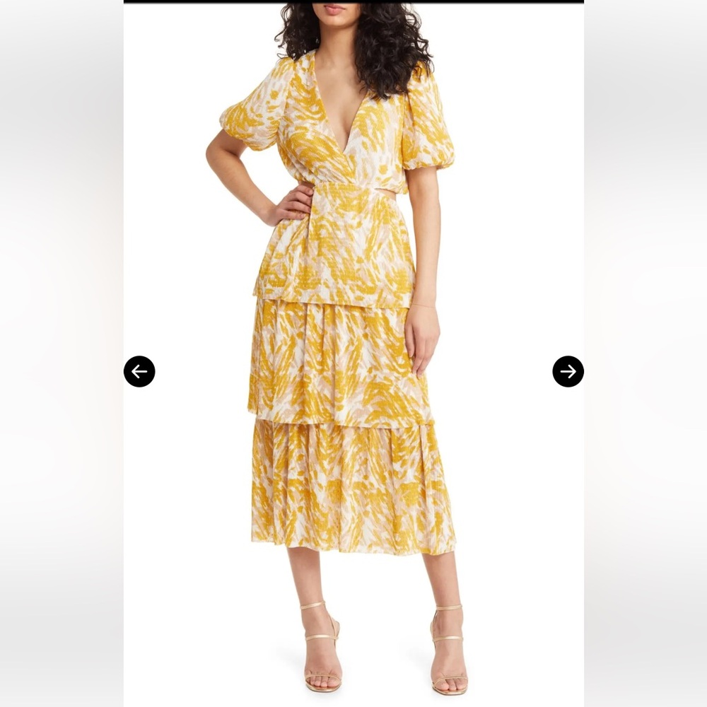 Charles Henry abstract print cutout waist Yellow and White Midi Dress
